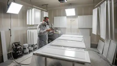 Professional cabinet painting in Hartford CT using spray and brush techniques for smooth kitchen finishes