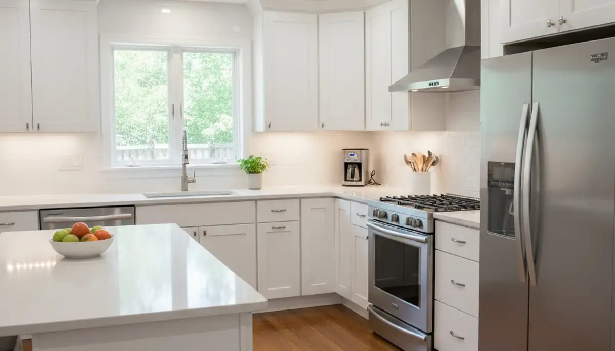 Refinished kitchen cabinets in Hartford, CT with smooth, durable paint finish by local house-painting experts