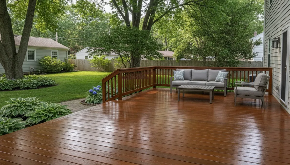 Professionally stained wood deck in Hartford, CT showcasing expert finish and lasting weather protection