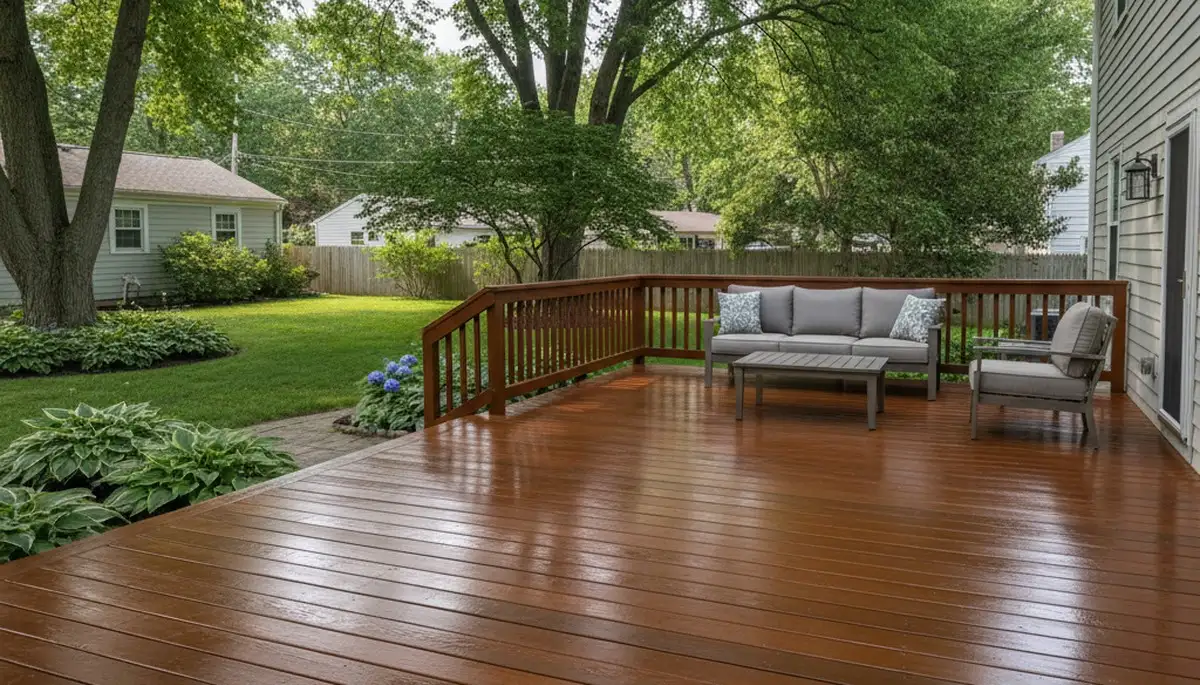 Professionally stained wood deck in Hartford, CT showcasing expert finish and lasting weather protection