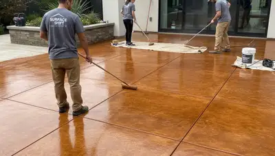 Professional concrete staining on residential floor in Hartford, CT by expert house painters