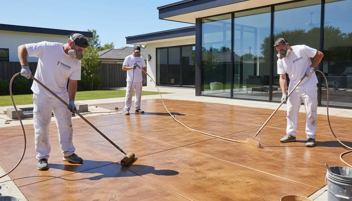 Professional concrete staining on residential floor in Hartford, CT by expert house painters