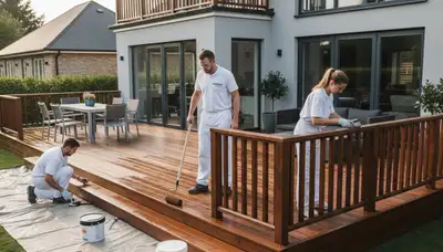 Professional deck staining service on a wood patio in Hartford, CT by expert house painters