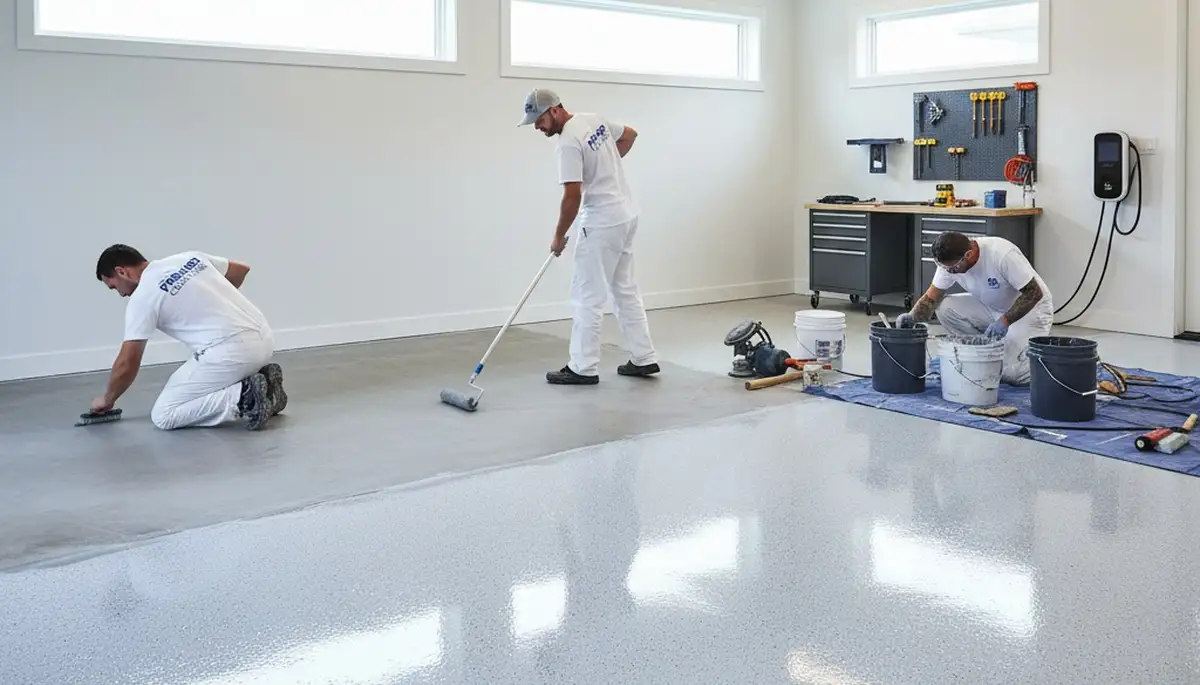 Epoxy garage floor coating applied by Hartford CT painters for durable, salt-resistant concrete protection