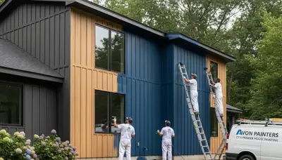 Professional house painters working on a residential exterior in Hartford, CT