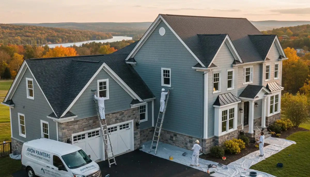 Professional house painters working on exterior home repaint in Hartford CT