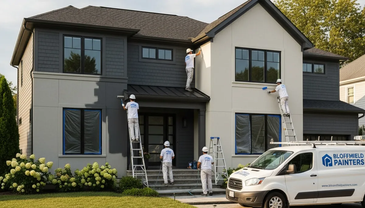 Professional house painters working on exterior home repaint in Hartford, CT