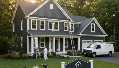 Professional house painter in Hartford CT applying exterior paint to a residential home façade