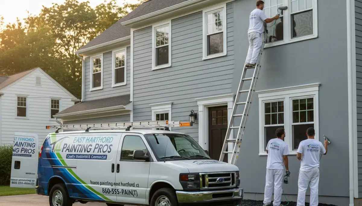 Professional house painters working on exterior home in Hartford, CT