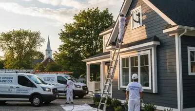 Professional house painters in Hartford CT applying exterior paint to a suburban home