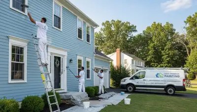 Professional house painters finishing exterior home painting in Hartford, CT