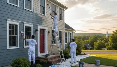 Professional house painters working on exterior home repainting in Hartford, CT