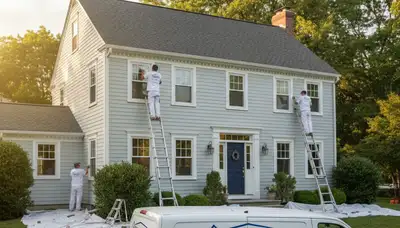 Professional house painters in Hartford CT applying exterior paint to a residential home