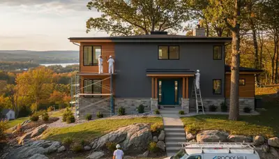 Professional house painters working on home exterior in Hartford, CT