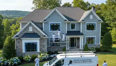 Professional house painters working on exterior home repaint in Hartford, CT