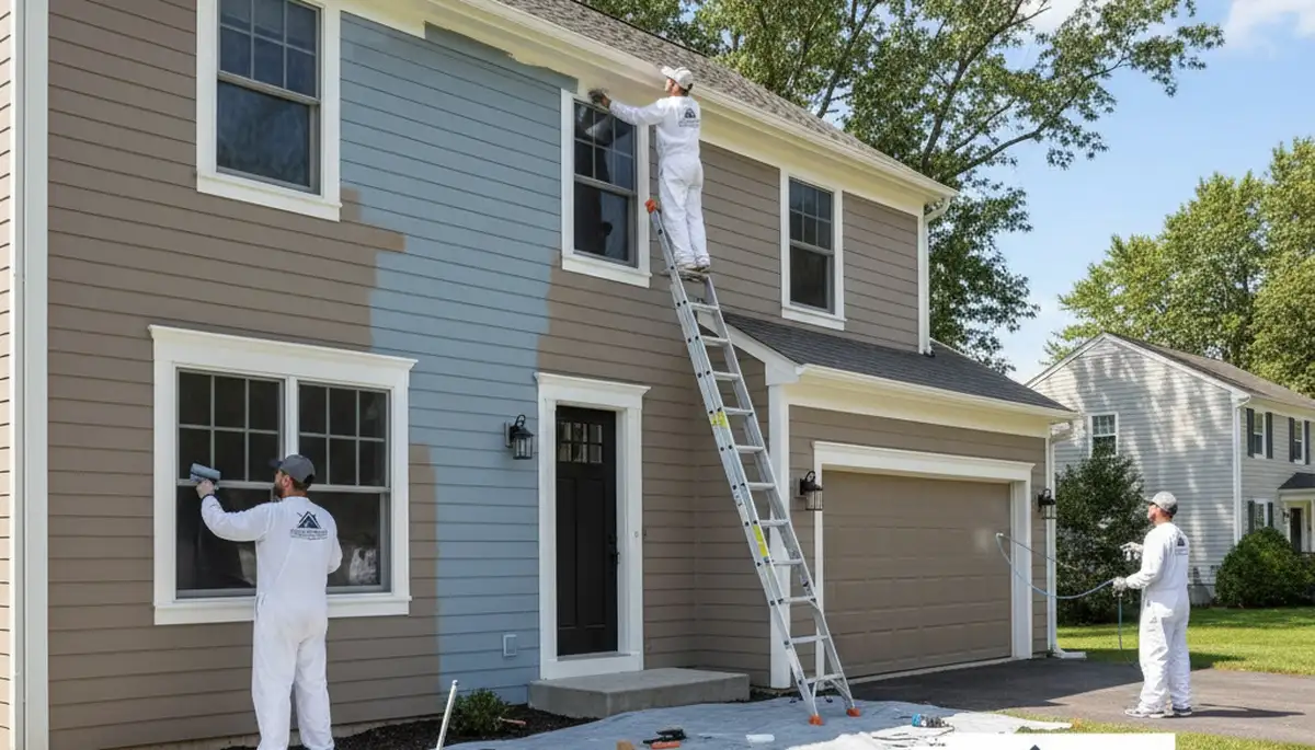 Professional house painters working on residential exterior in Hartford CT