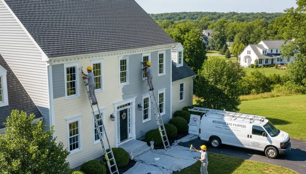 Professional house painters in Hartford CT applying exterior paint to a residential home