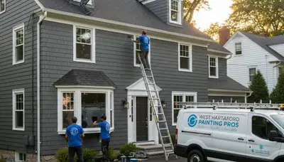 Professional house painters working on residential exterior in Hartford CT