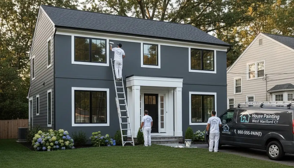 Professional house painters working on residential exterior in Hartford CT