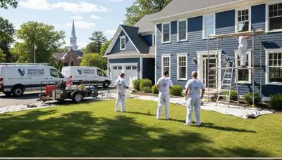 Professional house painters working on exterior home repaint in Hartford, CT
