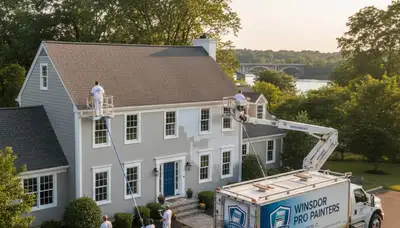 Professional house painters working on exterior home in Hartford, CT