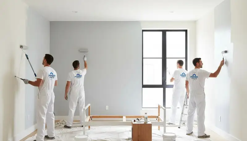 Professional interior house painters working in Hartford, CT living room with fresh wall finish