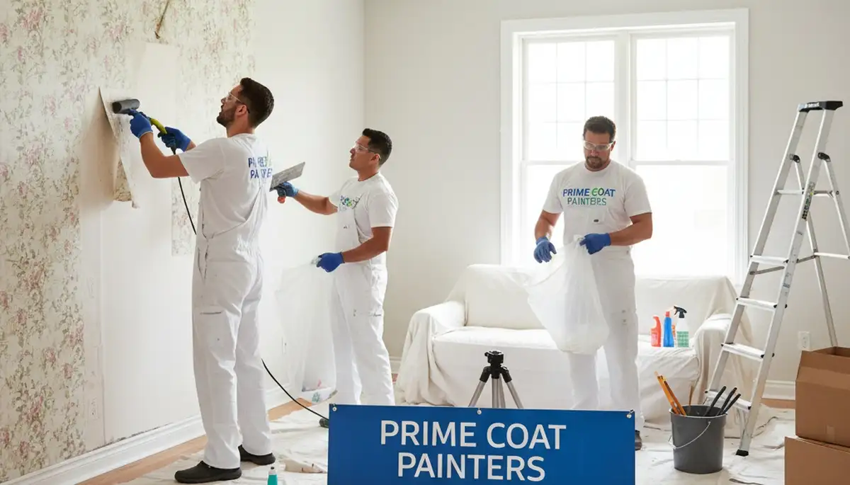 Professional wallpaper removal in Hartford CT home by expert painters prepping walls for painting